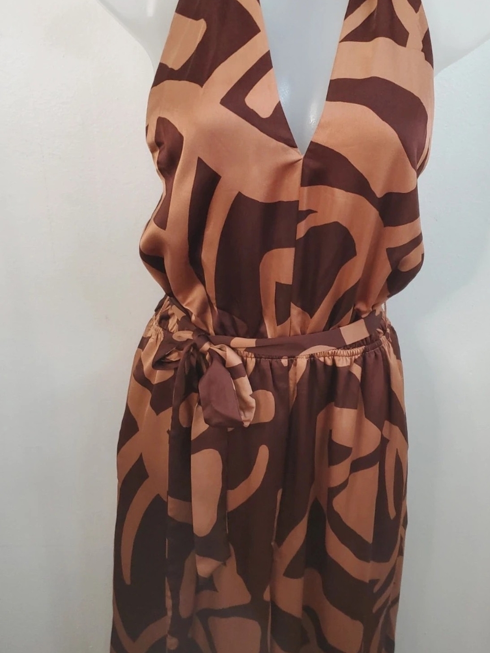 NWT Sugarlips One-Shoulder Brown & Tan Abstract Print Dress